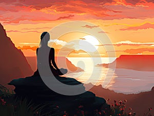 Silhouette of a female in yoga position against a sunset landscape