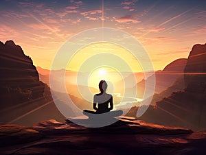 Silhouette of a female in yoga position on a cliff-top looking over a sunset landscape