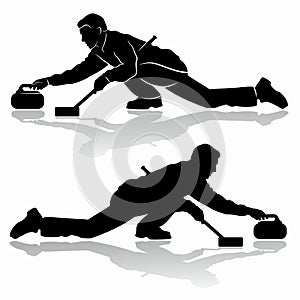 Silhouette of figure curling player , vector draw