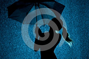Silhouette of the figure of a young girl with an umbrella in the rain