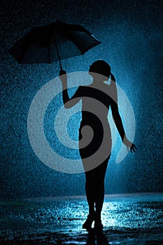 Silhouette of the figure of a young girl with an umbrella in the rain, a young woman is happy to drops of water, concept weather