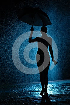 Silhouette of the figure of a young girl with an umbrella in the rain, a young woman is happy to drops of water, concept weather