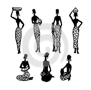 Silhouette figures of beautiful African women with children set of hand-drawn illustration