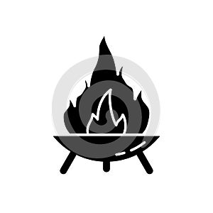 Silhouette Fire Pit on three legs. Symbol of making campfire outdoors and traveling. Diwali festival icon. Outline round bonfire