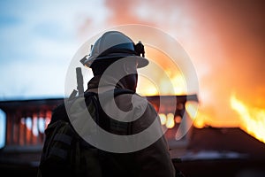 silhouette of a firefighter against the backdrop of a burning house