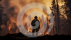 Silhouette of firefighter against background of burning forest. Large red fire and clouds of smoke from burning trees. Dangerous