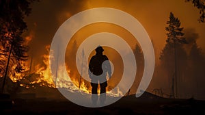 Silhouette of firefighter against background of burning forest. Large red fire and clouds of smoke from burning trees. Dangerous