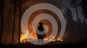 Silhouette of firefighter against background of burning forest. Large red fire and clouds of smoke from burning trees. Dangerous