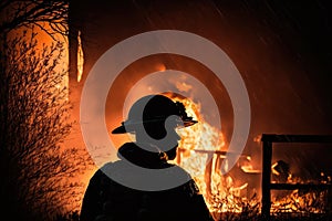 Silhouette of a firefighter against the background of fire, created with Generative AI technology