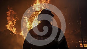 Silhouette of firefighter in helmet and uniform against background of red flames and clouds of smoke in burning production shop.