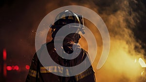 Silhouette of firefighter in helmet and uniform against background of red flames and clouds of smoke. Dangerous work of lifeguard