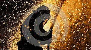 A silhouette of a firefighter wielding a hose with sparks bursting around them