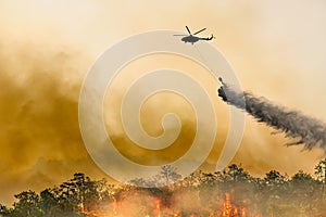 Silhouette firefithing helicopter dumps water on forest fire photo