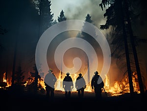 Silhouette firemen aerial with fire in forest