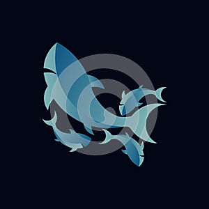 Silhouette of a fish shark in blue surrounded by small sharks on a black background. Design for logo, decor, pictures, oceanarium