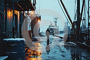 Silhouette of a fisherman against the background of fishing boats in a Scandinavian winter port. Loading, unloading of cargo