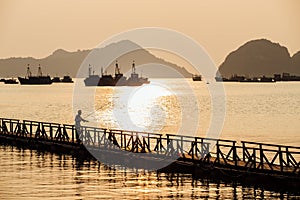 Silhouette fisherman catching a fish on wooden bridge against