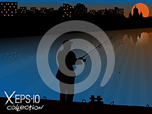 Silhouette of fisherman with fishing rod on pier fishing on background of night city