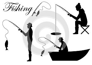 silhouette fisherman icon, man cath fish on fishing rod photo