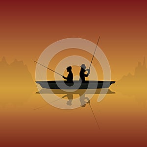 Silhouette of fishermen with fishing rods in a boat on a sunset background