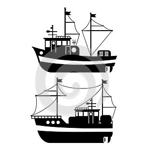 Silhouette of the Fishing Boat, Side View, Commercial Fishing Trawler, Industrial Seafood Production, Water Transport