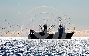 Silhouette of a fishing boat surrounded by seagulls