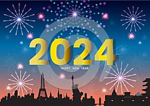 Silhouette flat design. Happy New Year 2024 with the City around the world. Gold two thousand twenty-four Year, Celebrations