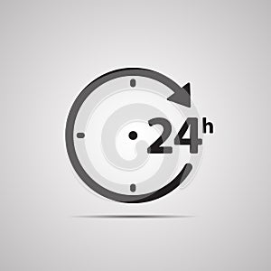Silhouette flat icon, simple vector design with shadow. Watch face with arrow and symbol 24 hours