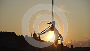 Silhouette of a flexible woman acrobat on aerial silk during a sunset on Kiev city background. concept of freedom and