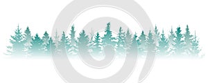 Silhouette of fog forest, panorama. Isolated Christmas tree fir in misty forest on white background. Vector illustration