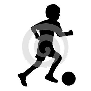 Silhouette of football player boy kicking ball, children game of soccer. Vector illustration