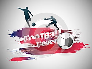 Silhouette of football players in action with soccer ball on grungy red background.