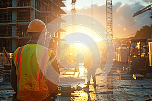 Silhouette of Foreman and worker team at construction site with blurred sunset sky background