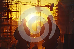 Silhouette of Foreman and worker team at construction site with blurred sunset sky background, generated ai