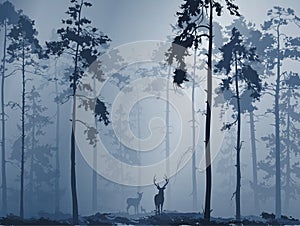 Silhouette of a forest with a family of deer