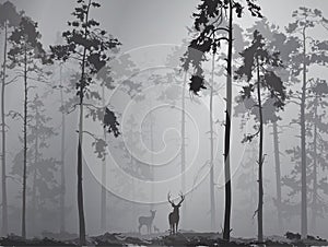 Silhouette of a forest with a family of deer