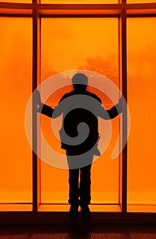 Silhouette in front of orange photo