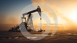 Silhouette of a functioning oil pump jack in a desert with a warm sunset backdrop