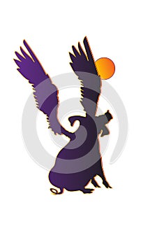 Silhouette funny piggy with wings howling at the full moon, pig pattern, purple and white vector illustration. Pagan totem