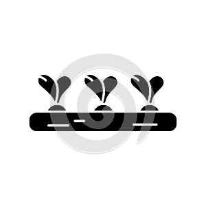 Silhouette Garden bed with three vegetables. Outline logo of agriculture, farming, harvesting. Black illustration of part of soil