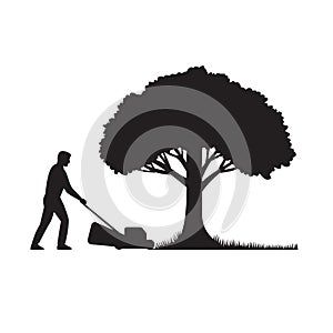 Silhouette of a Gardener with Lawnmower or Lawn Mower Mowing Grass Lawn with Oak Tree Stencil Illustration