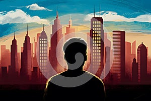 Silhouette gazes at cityscape, vibrant sky, skyscrapers, warm tones   urban dreams and aspirations evoked