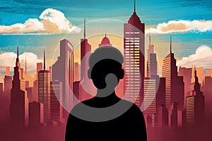 Silhouette gazes at cityscape, vibrant sky, skyscrapers, warm tones   urban dreams and aspirations evoked