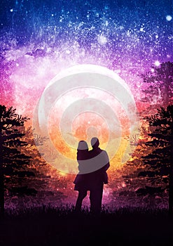 Silhouette of a gentle couple in love on a background of a cosmic sunset with a moon and stars