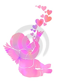 Silhouette gentle watercolor baby with wings and hearts