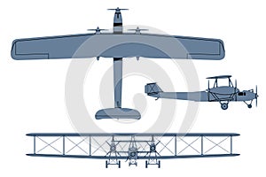 Silhouette of German Biplane Strategic Bomber (1918). Top, Side, Front View. Vintage airplane.