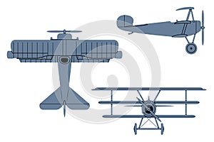 Silhouette of German Fighter Triplane (1917). Top, Side, Front View. Vintage airplane.