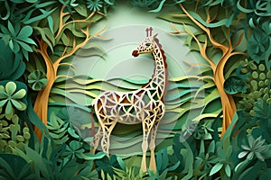 Silhouette of giraffe, landscape, paper cut style, forest, illustration, Generative AI