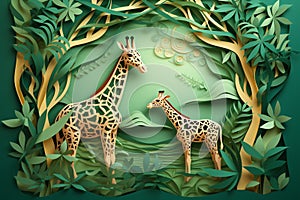 Silhouette of giraffe, landscape, paper cut style, mom and baby, forest green, illustration, Generative AI