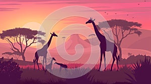 A silhouette of giraffes in the African savannah, with a stunning sunset in the background, Ai Generated